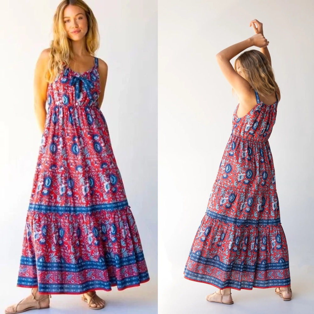 Natural Life Isabella Maxi Dress Size Small Red Blue Floral Peasant Boho.  24